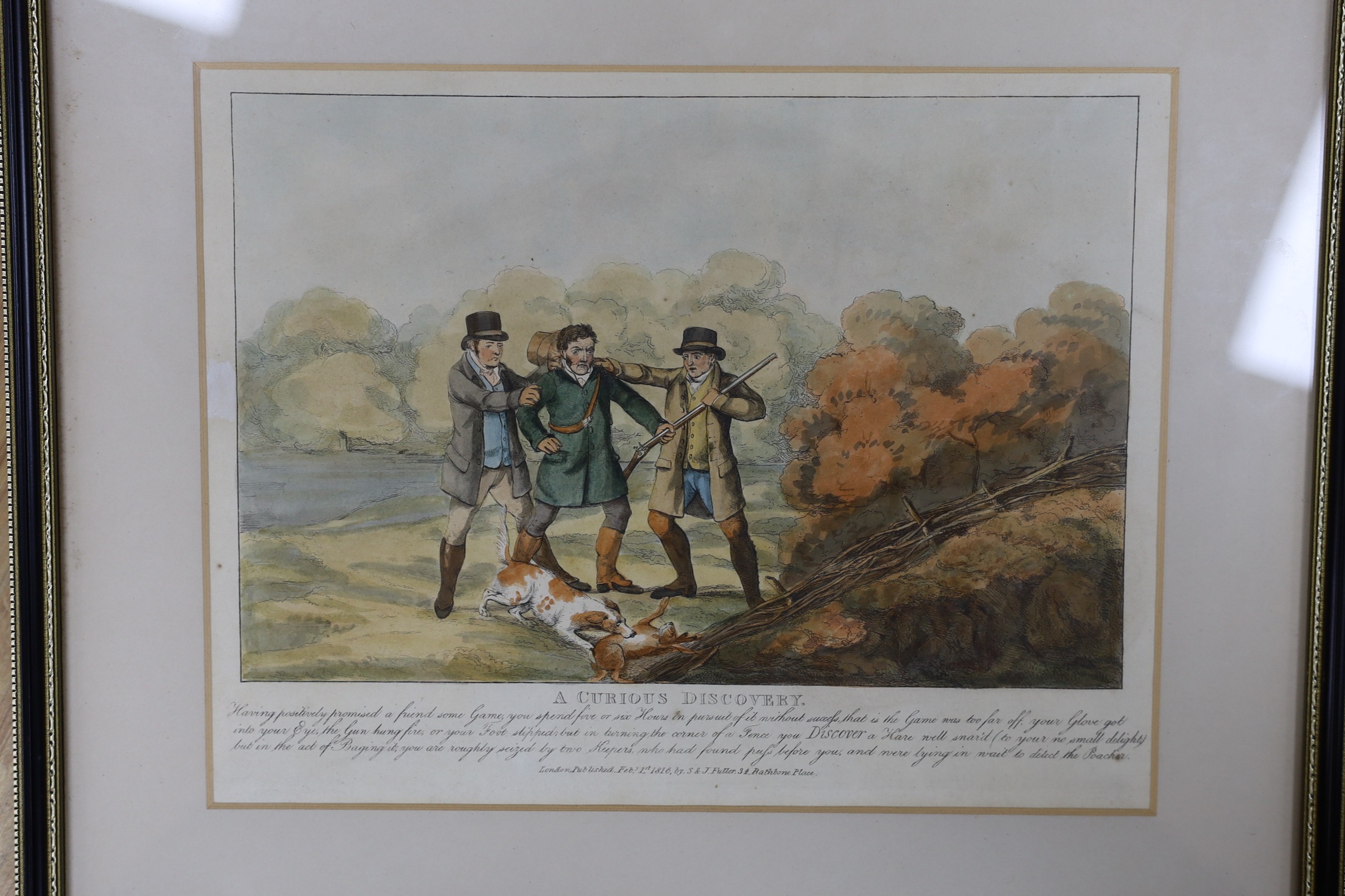 S & J Fuller Publ. 1816, a set of six coloured engravings, 'A Curious Discovery' and other shooting incidents, 21 x 28cm